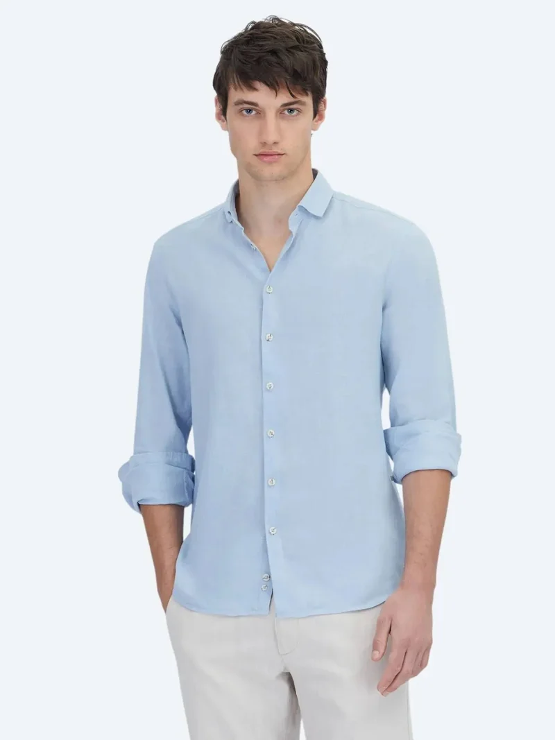 Kip Blue Plain Regular Fit Weaving Casual Cotton Blended Shirt