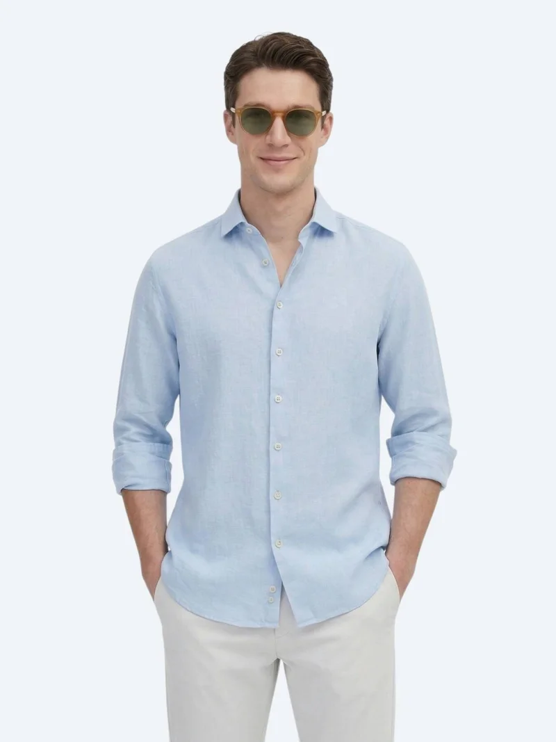 Kip Blue Plain Regular Fit Long Weaving Casual Cotton Blended Shirt