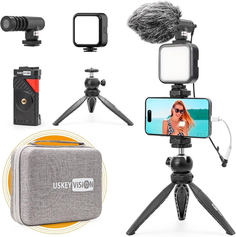 USKEYVISION Smartphone Vlogging Kit for iPhone 16/15/14 Mini/Pro/Max, Android Smartphone Content Creator Kit w/Microphone Light Auto-Switch Phone Clip for YouTube Tiktok Live Steam (Vlog K2) - Image 1