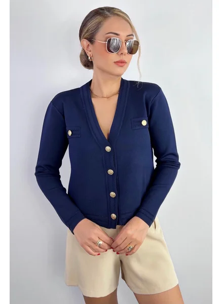 ريتنيس Women's Lia Navy Blue Gold Buttoned Knitwear Cardigan