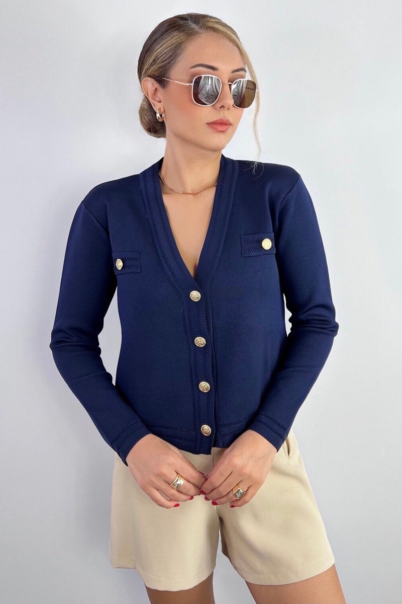 Ritnice Women's Lia Navy Blue Gold Buttoned Knitwear Cardigan  - Image 1