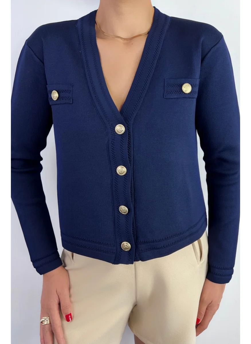 Ritnice Women's Lia Navy Blue Gold Buttoned Knitwear Cardigan