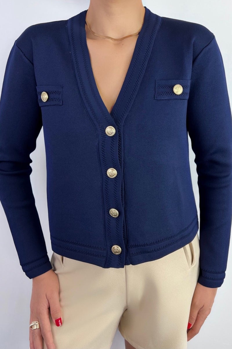 Ritnice Women's Lia Navy Blue Gold Buttoned Knitwear Cardigan  - Image 2