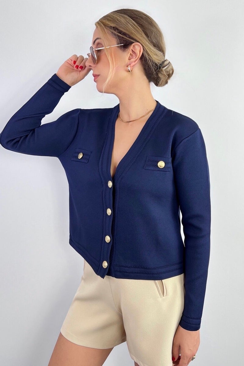 Ritnice Women's Lia Navy Blue Gold Buttoned Knitwear Cardigan  - Image 3