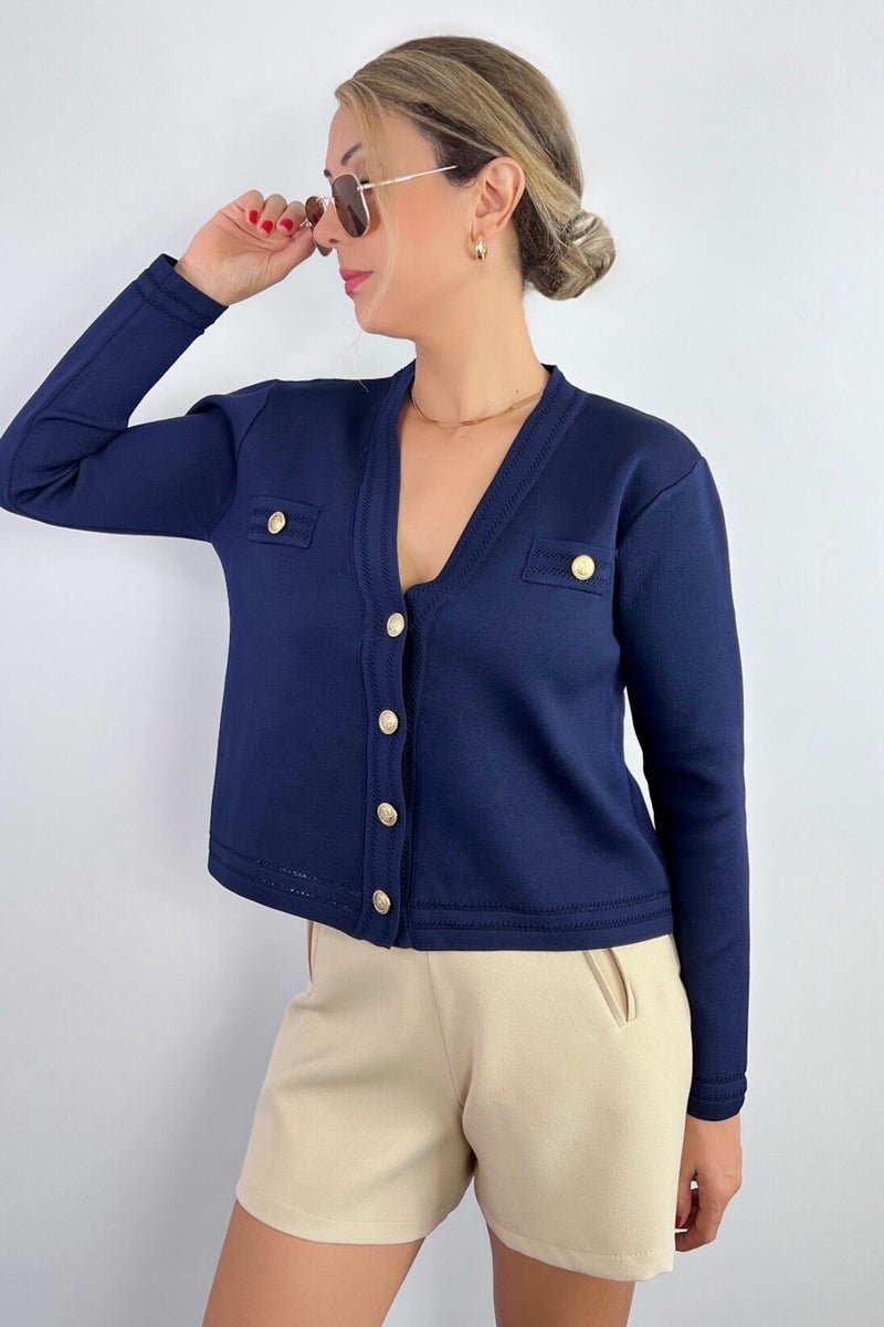 Ritnice Women's Lia Navy Blue Gold Buttoned Knitwear Cardigan  - Image 4