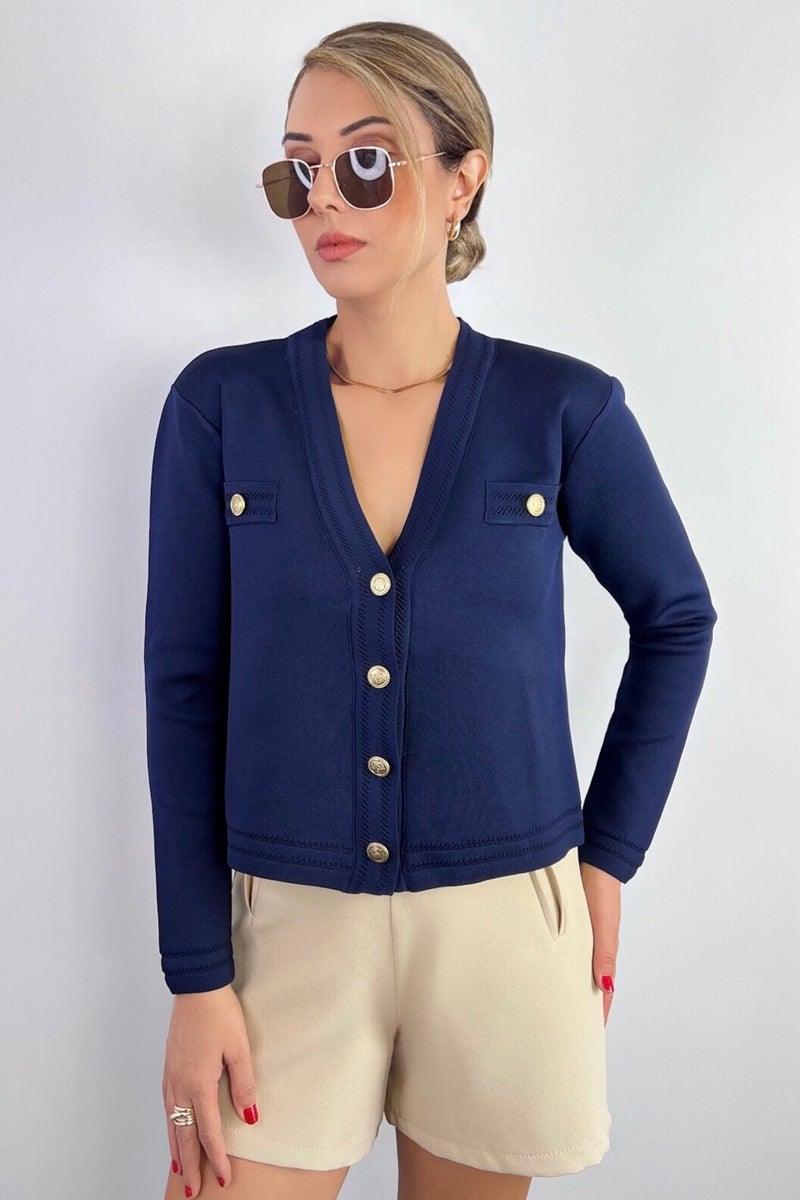 Ritnice Women's Lia Navy Blue Gold Buttoned Knitwear Cardigan  - Image 5