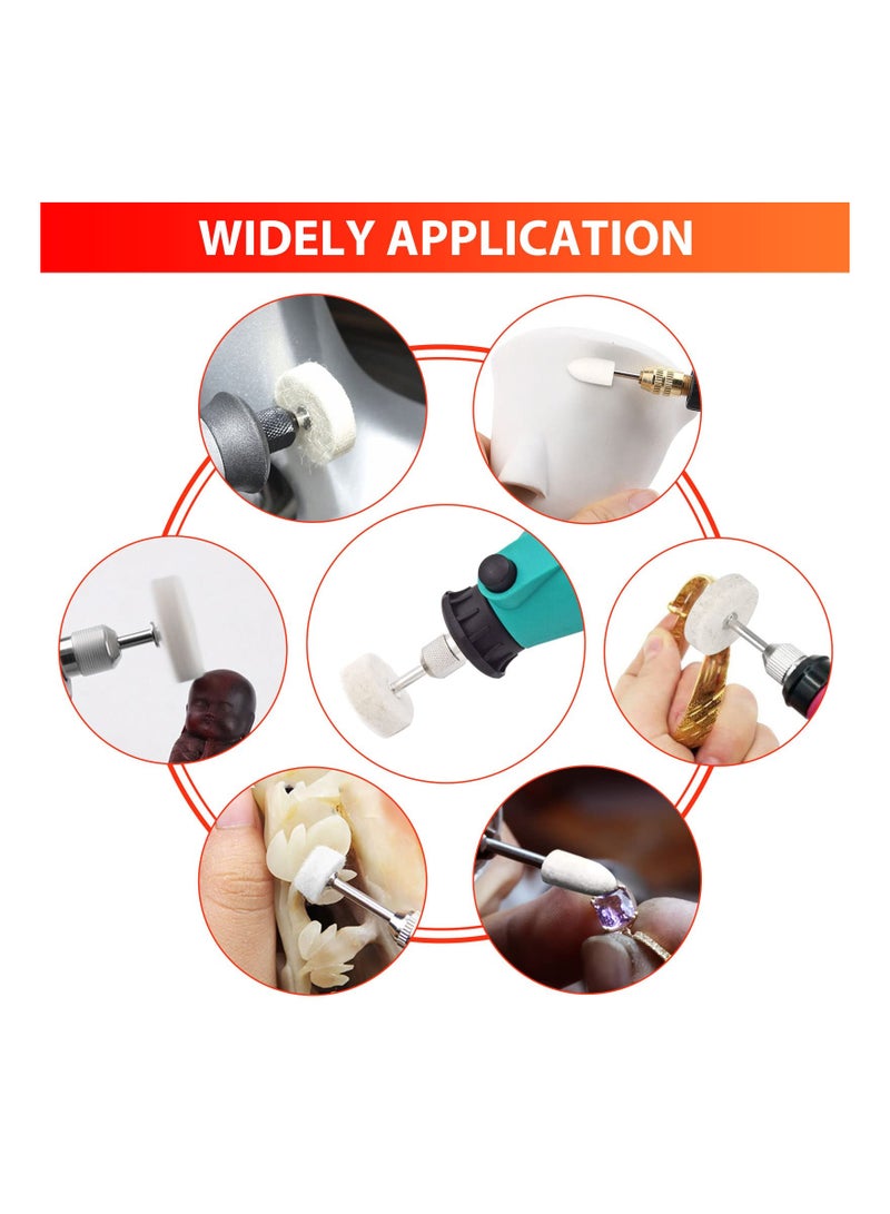 110PCS Wool Felt Polishing Pads, Buffing Grinding Wheel Rotary Tool Set with 1/8 Inch Shank & Replacement Polishing Wheels, Point & Mandrel Kit for Drill Plastic Glass Metal Jewelry 9/ 12/ 25mm
