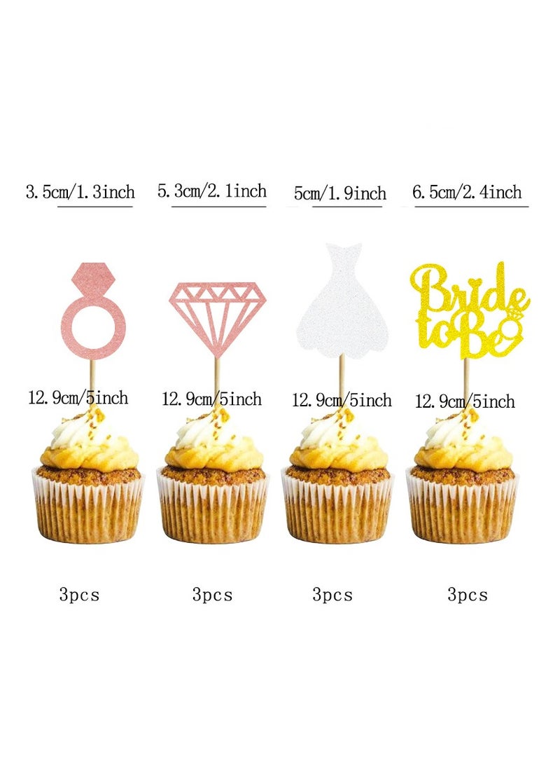 24pcs Bride To Be Cupcake Topper Sparkling Glitter Rose Gold Diamond Ring Wedding Dress Cake Toppers for Engagement Wedding Bachelorette Party Bridal Shower Party Decoration  - Image 2