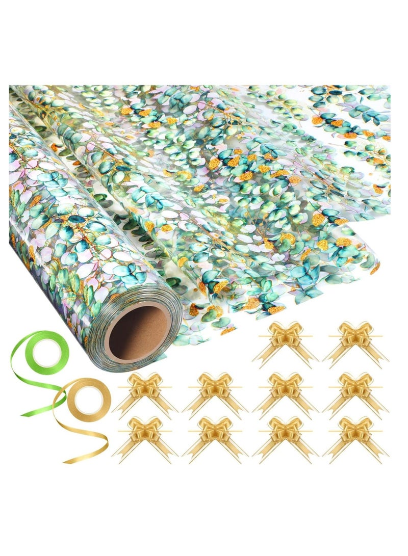كابتن تيك Eucalyptus Cellophane Wrap Roll with Pull Bows and Ribbons Cellophane Wrap Eucalyptus Gift Wrapping Paper Party Supplies for Baby Shower Birthday Summer Party (82cm*30cm) - Image 1