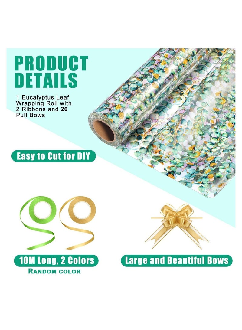 كابتن تيك Eucalyptus Cellophane Wrap Roll with Pull Bows and Ribbons Cellophane Wrap Eucalyptus Gift Wrapping Paper Party Supplies for Baby Shower Birthday Summer Party (82cm*30cm) - Image 2