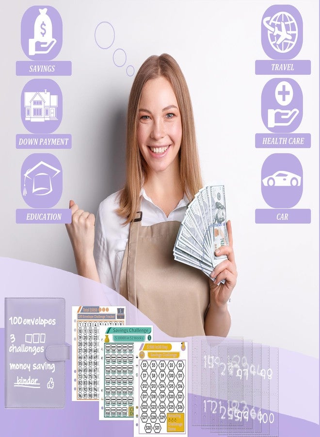 Antner (2 Sets) 100 Envelopes Money Saving Challenge A5 Budget Binder Savings Challenge Book with 200 Pre-Numbered Envelopes & 6 Trackers to Save $5,050, $500 and $10,000, Mint Blue & Purple - Image 3