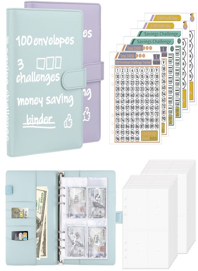 Antner (2 Sets) 100 Envelopes Money Saving Challenge A5 Budget Binder Savings Challenge Book with 200 Pre-Numbered Envelopes & 6 Trackers to Save $5,050, $500 and $10,000, Mint Blue & Purple - Image 1