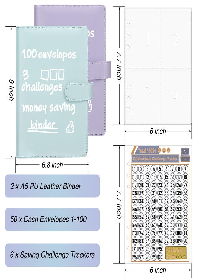 Antner (2 Sets) 100 Envelopes Money Saving Challenge A5 Budget Binder Savings Challenge Book with 200 Pre-Numbered Envelopes & 6 Trackers to Save $5,050, $500 and $10,000, Mint Blue & Purple - Image 2