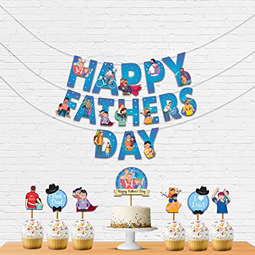 Festiko® Father's Day/Super Dad Birthday Party Decorations Items for Surprise (All in One Surpirse to dad Banner,Cake Toppers,Cup Cake Topper,Ribbons)- 8 Pcs - Image 1