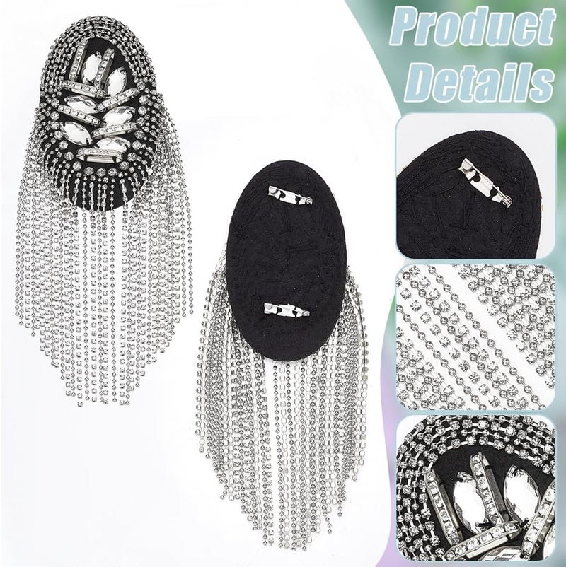 WADORN 2Pcs Fringe Rhinestone Tassel Chain Epaulets, Crystal Chain Shoulder Boards Badge Punk Diamond Shoulder Brooch Patch Epaulette Applique for Uniform Suit Dress Halloween Costume Decor, Platinum - Image 2