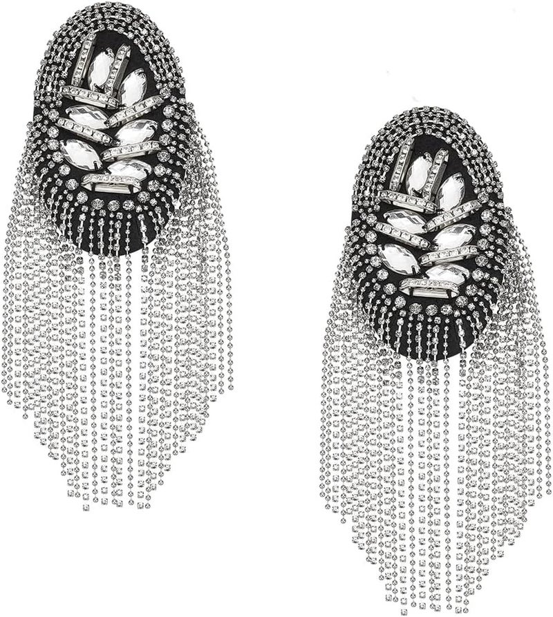 WADORN 2Pcs Fringe Rhinestone Tassel Chain Epaulets, Crystal Chain Shoulder Boards Badge Punk Diamond Shoulder Brooch Patch Epaulette Applique for Uniform Suit Dress Halloween Costume Decor, Platinum - Image 1