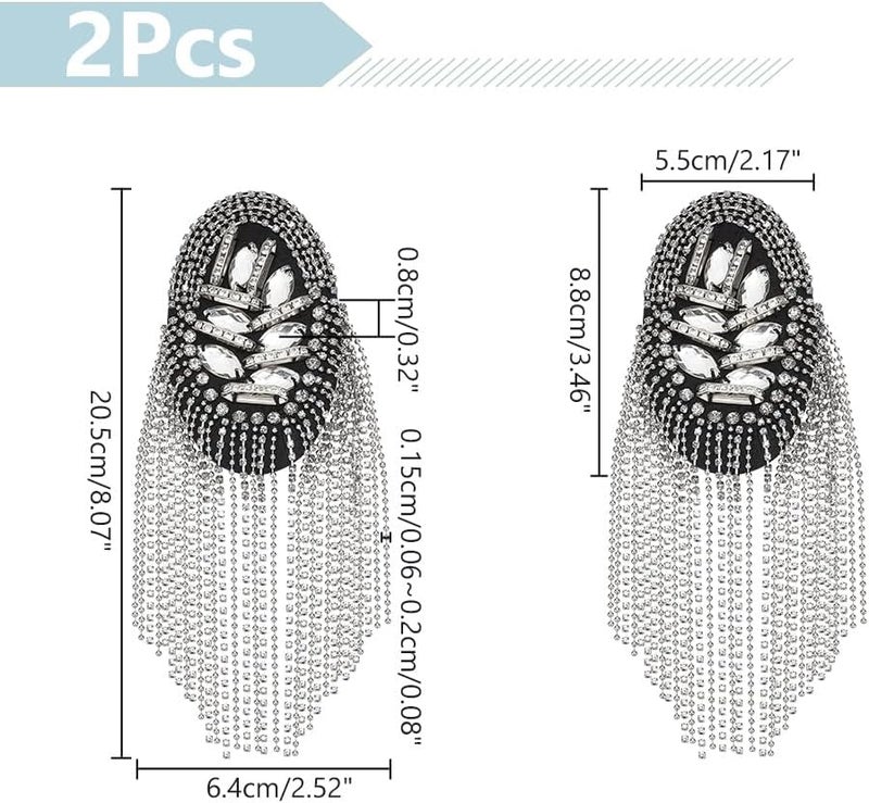 WADORN 2Pcs Fringe Rhinestone Tassel Chain Epaulets, Crystal Chain Shoulder Boards Badge Punk Diamond Shoulder Brooch Patch Epaulette Applique for Uniform Suit Dress Halloween Costume Decor, Platinum - Image 3