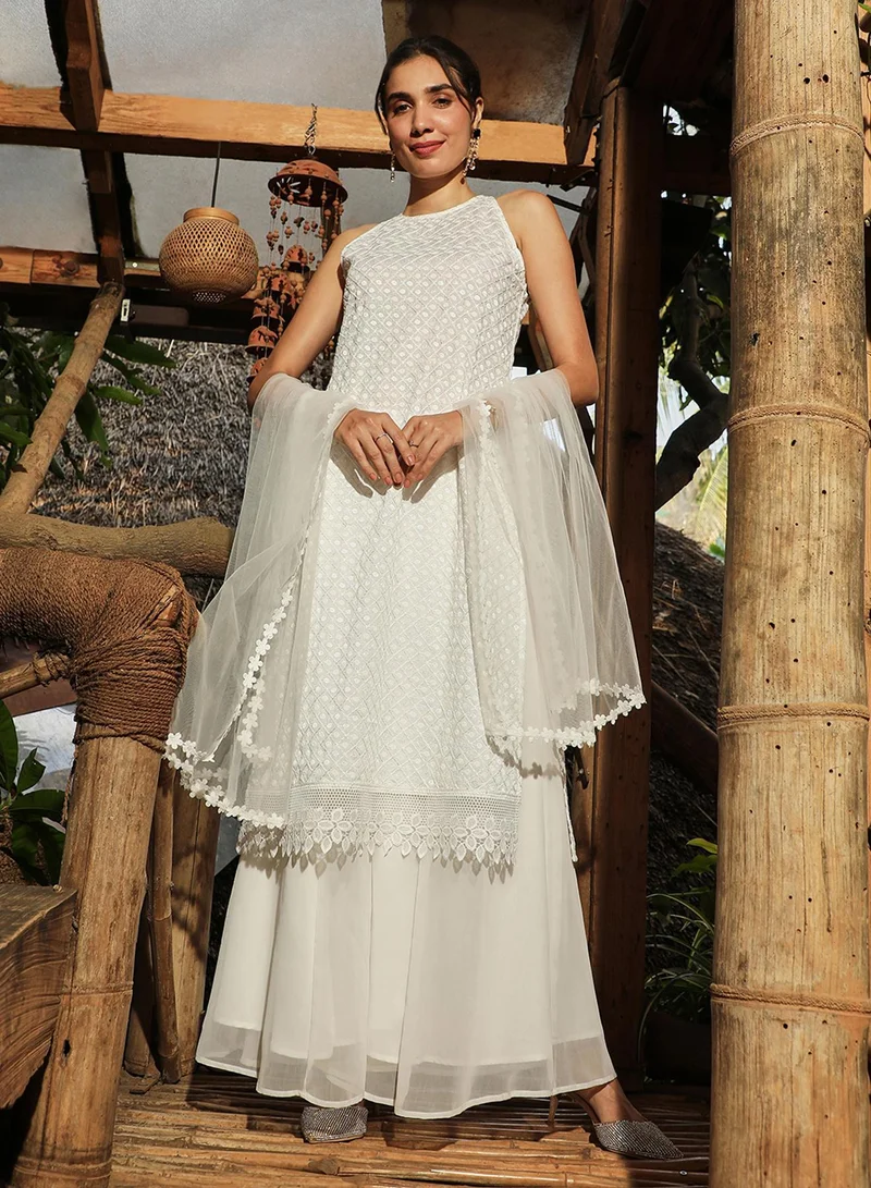 QISSA  Women's Daisy White Flora Frill Kurta Set for Women | Best Price UAE