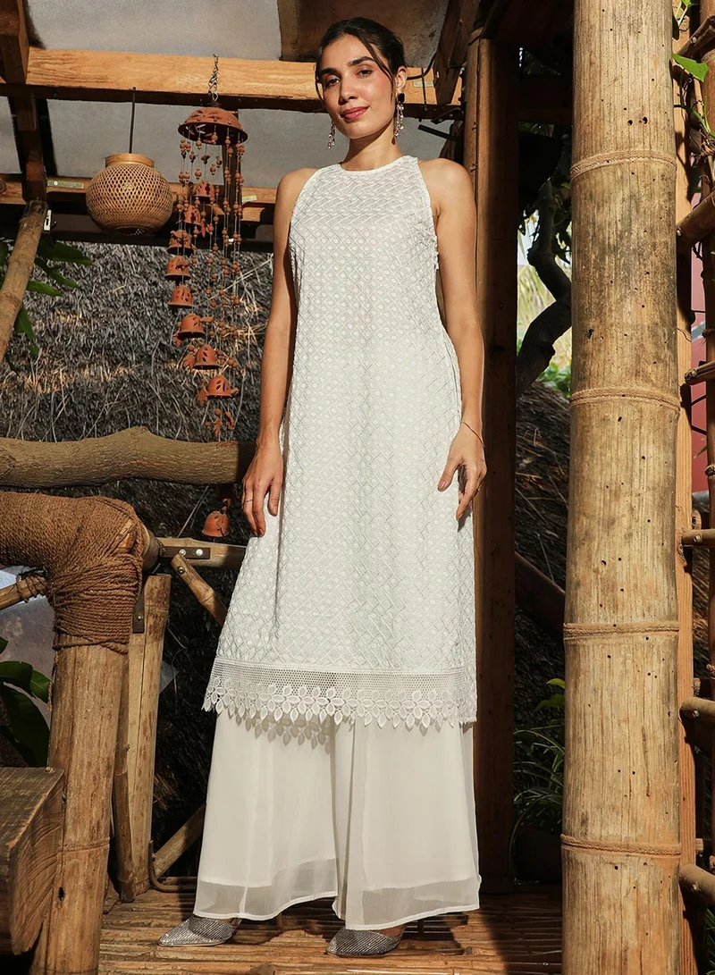 قصة Women's Daisy White Flora Frill Kurta Set
