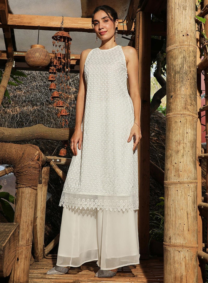 QISSA Women's Daisy White Flora Frill Kurta Set - Image 2
