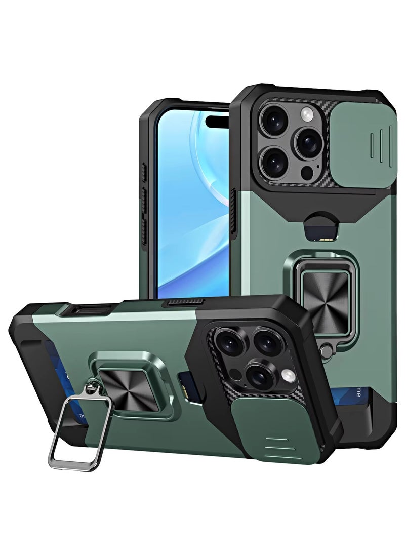 YoYoTech Compatible for iPhone 16 Pro Max Case with [Card Holder] [Slide Camera Cover] [360° Rotate Ring Kickstand] Heavy Duty Protective, Shockproof Bumper Cover-Green 