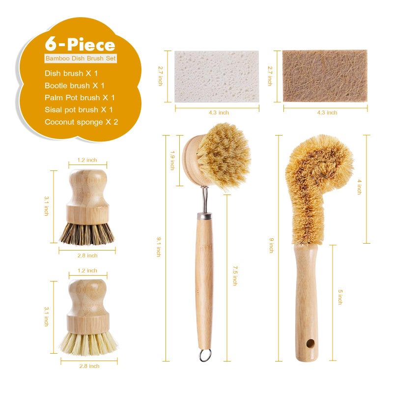 DEBETOOL 6 Piece Bamboo Dish Brush Set with Coconut Sponge - Wooden Dish Brush with Sisal and Palm Fiber, Natural Bamboo Dish Scrub Brush for Kitchen Cleaning Dishes, Pots, Pans, Bottles, Vegetables - Image 2