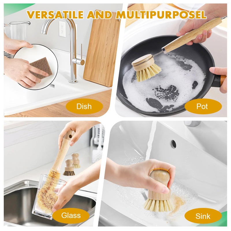 DEBETOOL 6 Piece Bamboo Dish Brush Set with Coconut Sponge - Wooden Dish Brush with Sisal and Palm Fiber, Natural Bamboo Dish Scrub Brush for Kitchen Cleaning Dishes, Pots, Pans, Bottles, Vegetables - Image 5