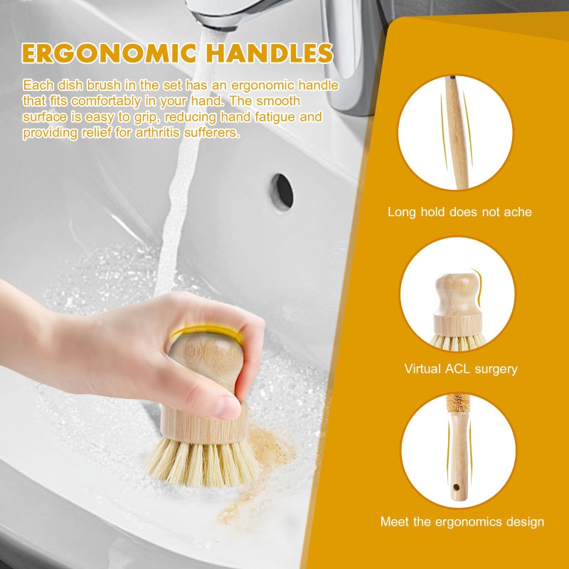 DEBETOOL 6 Piece Bamboo Dish Brush Set with Coconut Sponge - Wooden Dish Brush with Sisal and Palm Fiber, Natural Bamboo Dish Scrub Brush for Kitchen Cleaning Dishes, Pots, Pans, Bottles, Vegetables - Image 3