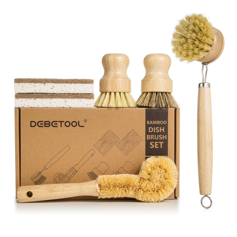 DEBETOOL 6 Piece Bamboo Dish Brush Set with Coconut Sponge - Wooden Dish Brush with Sisal and Palm Fiber, Natural Bamboo Dish Scrub Brush for Kitchen Cleaning Dishes, Pots, Pans, Bottles, Vegetables - Image 1