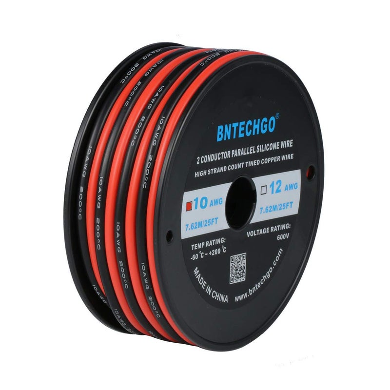 BNTECHGO 10 Gauge Flexible 2 Conductor Parallel Silicone Wire Spool Red Black High Resistant 200 deg C 600V for Single Color LED Strip Extension Cable Cord,Model,25ft Stranded Tinned Copper Wire - Image 1