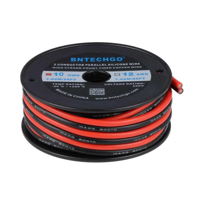 BNTECHGO 10 Gauge Flexible 2 Conductor Parallel Silicone Wire Spool Red Black High Resistant 200 deg C 600V for Single Color LED Strip Extension Cable Cord,Model,25ft Stranded Tinned Copper Wire - Image 2