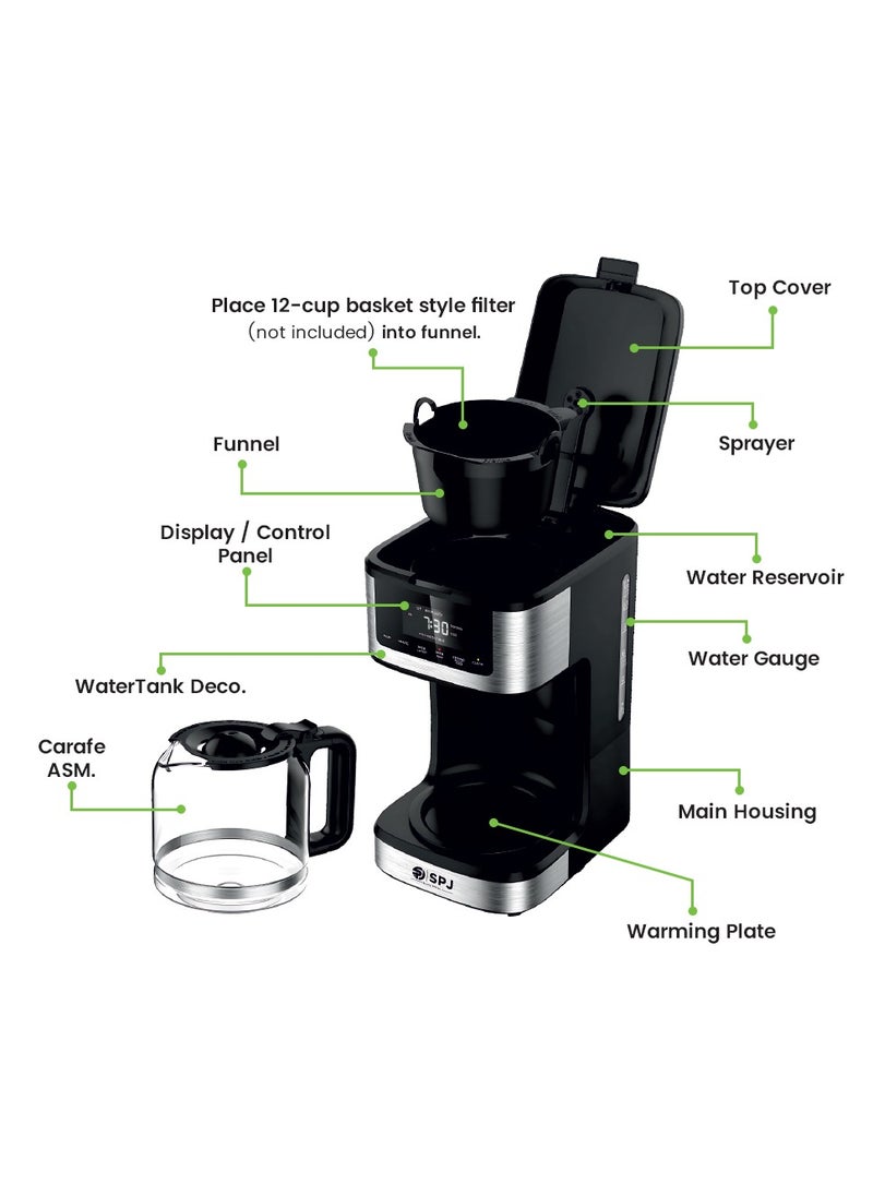 SPJ - SPJ Coffee Maker, Iced & Hot Brew Coffee Machine, 12-Cup Capacity, Brew Strength Control, Self Clean Cycle, Adjustable 40 Min. Keep Warm, Silver & Black, CMDW-BL18L02 - Image 1