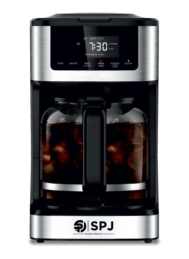 SPJ - SPJ Coffee Maker, Iced & Hot Brew Coffee Machine, 12-Cup Capacity, Brew Strength Control, Self Clean Cycle, Adjustable 40 Min. Keep Warm, Silver & Black, CMDW-BL18L02 - Image 1