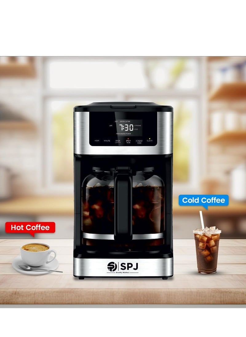 SPJ - SPJ Coffee Maker, Iced & Hot Brew Coffee Machine, 12-Cup Capacity, Brew Strength Control, Self Clean Cycle, Adjustable 40 Min. Keep Warm, Silver & Black, CMDW-BL18L02 - Image 1