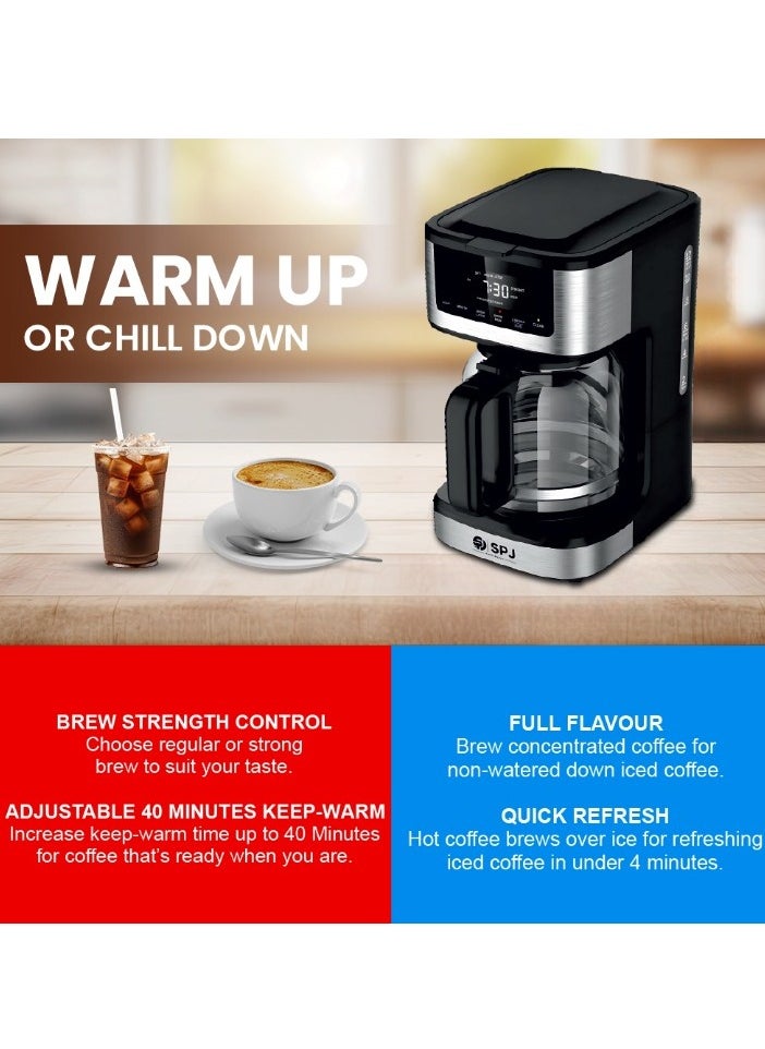 SPJ - SPJ Coffee Maker, Iced & Hot Brew Coffee Machine, 12-Cup Capacity, Brew Strength Control, Self Clean Cycle, Adjustable 40 Min. Keep Warm, Silver & Black, CMDW-BL18L02 - Image 1