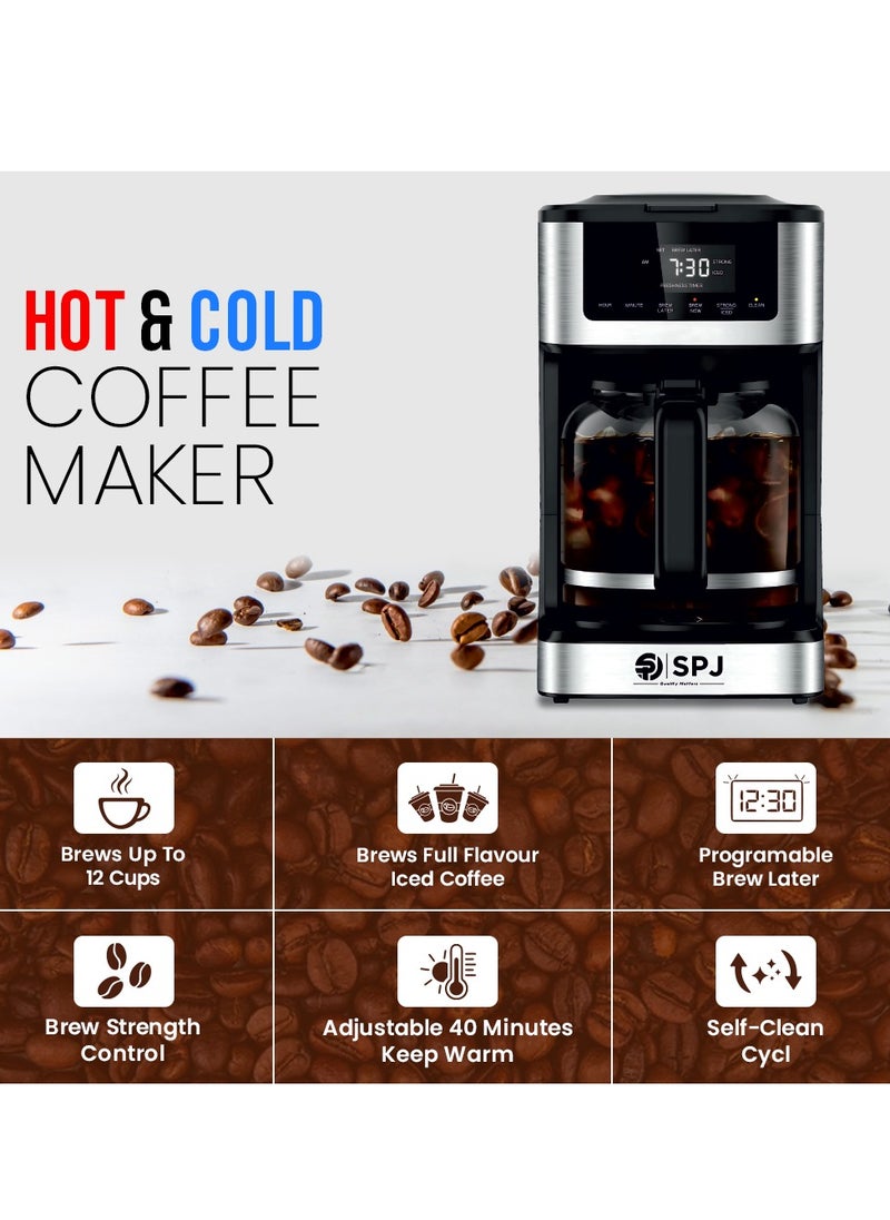 SPJ - SPJ Coffee Maker, Iced & Hot Brew Coffee Machine, 12-Cup Capacity, Brew Strength Control, Self Clean Cycle, Adjustable 40 Min. Keep Warm, Silver & Black, CMDW-BL18L02 - Image 1