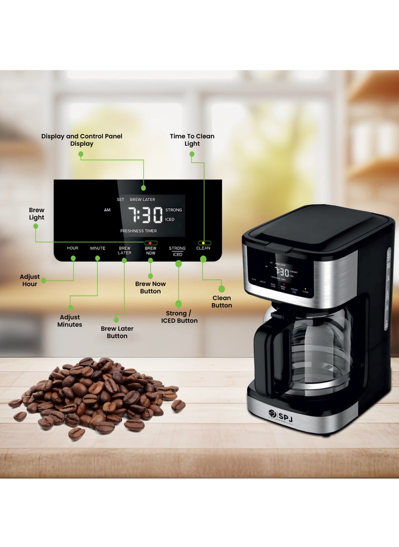SPJ - SPJ Coffee Maker, Iced & Hot Brew Coffee Machine, 12-Cup Capacity, Brew Strength Control, Self Clean Cycle, Adjustable 40 Min. Keep Warm, Silver & Black, CMDW-BL18L02 - Image 1