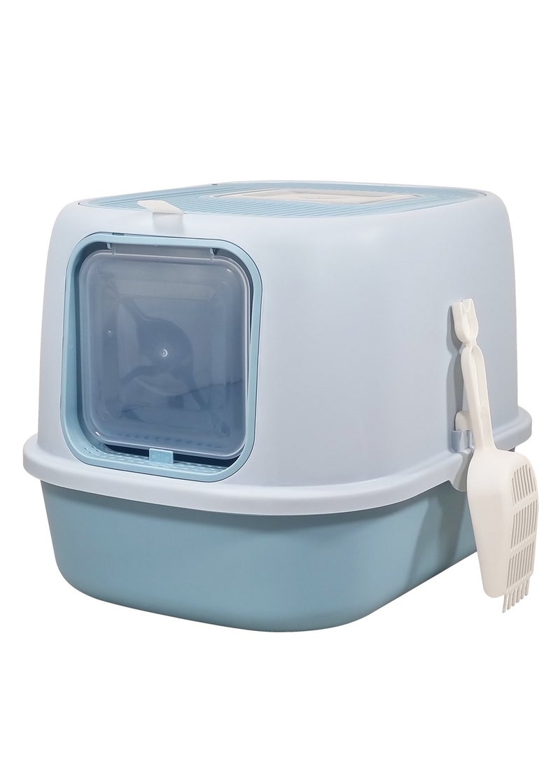 MAJIBAO Cat litter box with Front entry and Top exit, Transparent door, and Litter scoop, Fully enclosed litter box with Odor control and splash-proof, Suitable for Indoor use 52 cm (Blue)  - Image 1