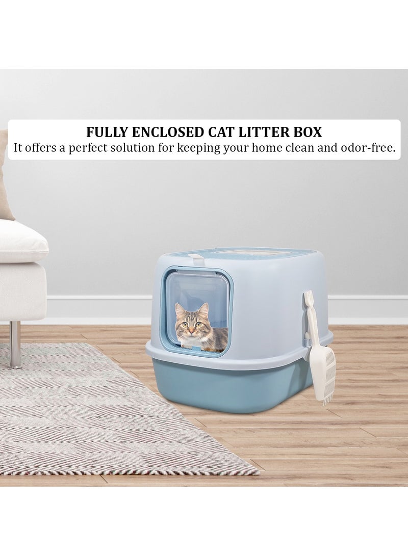 MAJIBAO Cat litter box with Front entry and Top exit, Transparent door, and Litter scoop, Fully enclosed litter box with Odor control and splash-proof, Suitable for Indoor use 52 cm (Blue)  - Image 5