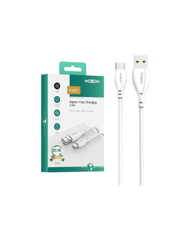 MOXOM CC-64 Fast Charging 2.4A Cable -Type C White 1M is an essential accessory for your charging needs.