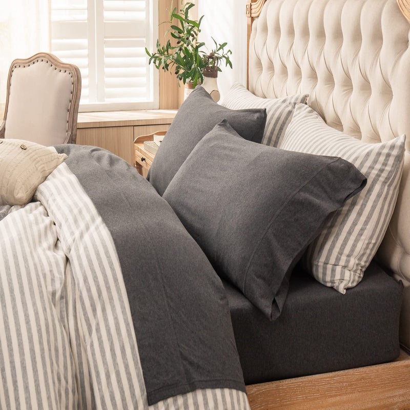 PURE ERA PURE ERA Jersey Knit 4pc Bed Sheet Set 100% T-Shirt Heather Cotton Super Soft Comfy Breathable Fits Mattress Up to 20"" Extra Deep Pocket (Charcoal Dark Grey  Cal King)  - Image 1