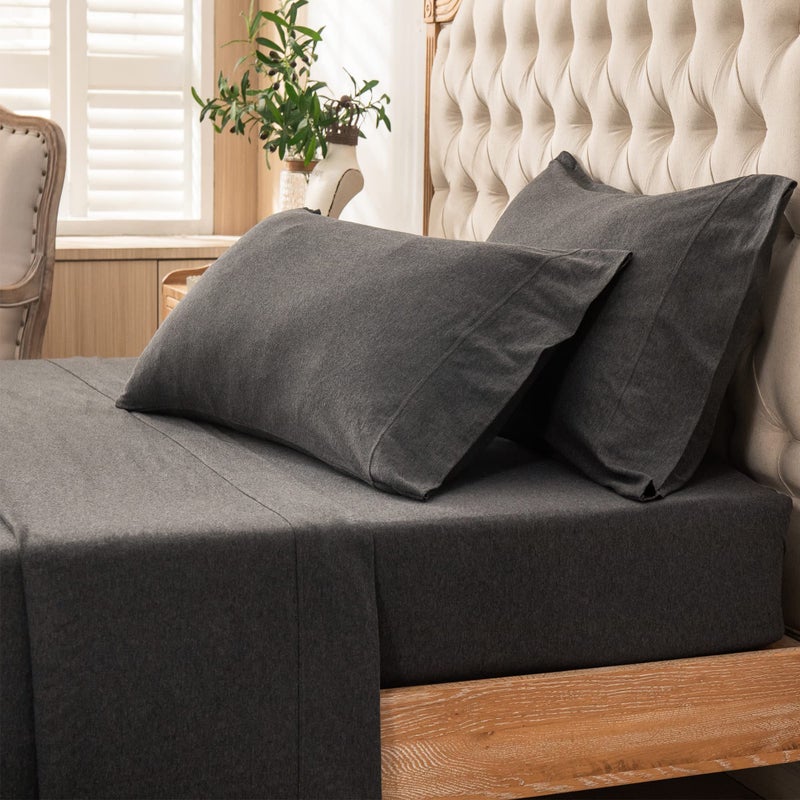 PURE ERA PURE ERA Jersey Knit 4pc Bed Sheet Set 100% T-Shirt Heather Cotton Super Soft Comfy Breathable Fits Mattress Up to 20"" Extra Deep Pocket (Charcoal Dark Grey  Cal King)  - Image 5