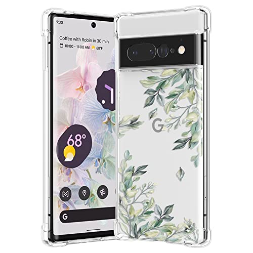RALEAVO Floral Case for Google Pixel 7 Pro,Clear Leaves Flower Phone Case Slim Cute Cover for Girls Women,Transparent Soft Silicone Four Corners Shockproof Phone Cover,Leaves - Image 1