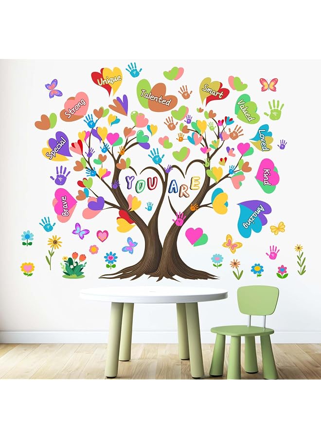 S-TOP Classroom Inspirational Wall Stickers for Kids: Peel and Stick Hearts Tree Handprint You are Strong Wall Decals - Boys Room Girls Bedroom - Children Supplies Ages 1-12 Years Wall Art Decor - Image 1