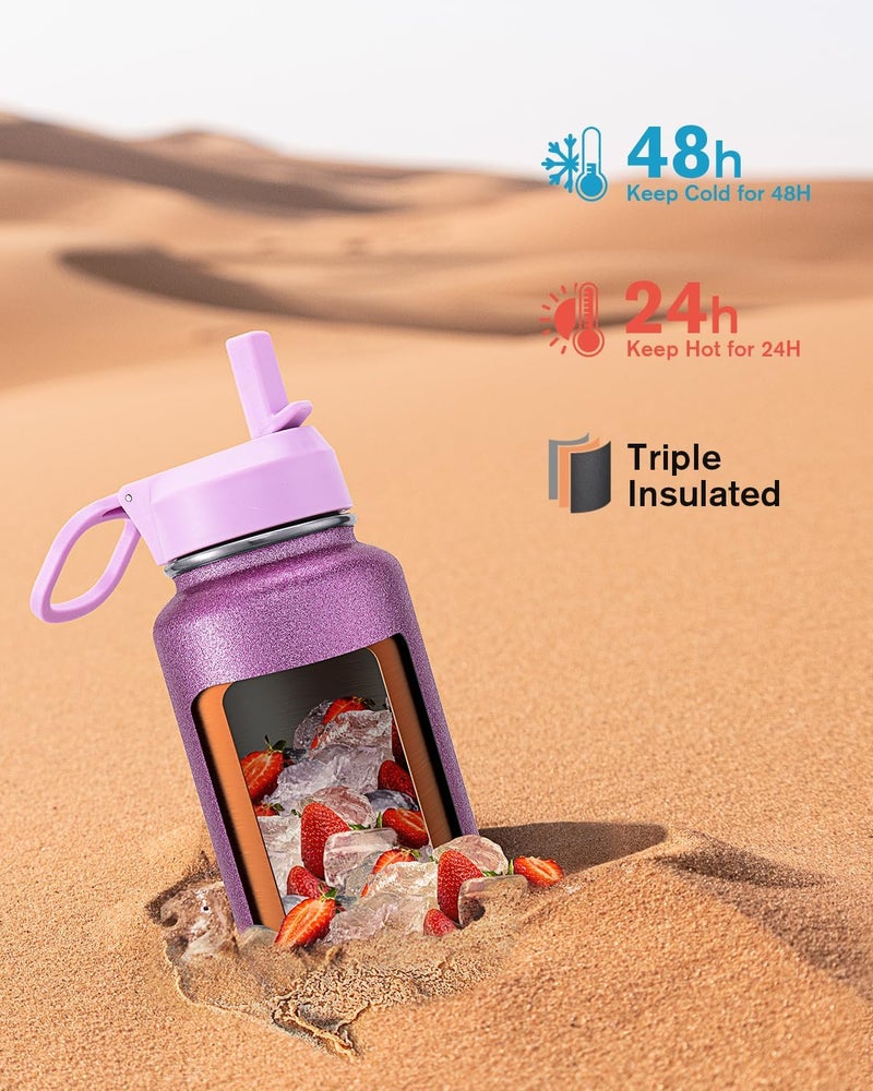 Coolflask Water Bottle 1.2 L Insulated with Straw, Stainless Steel Metal 3 Lids Water Flask for Sports or Office, Keep Cold 48H Hot 24H, Glitter Pink - Image 2