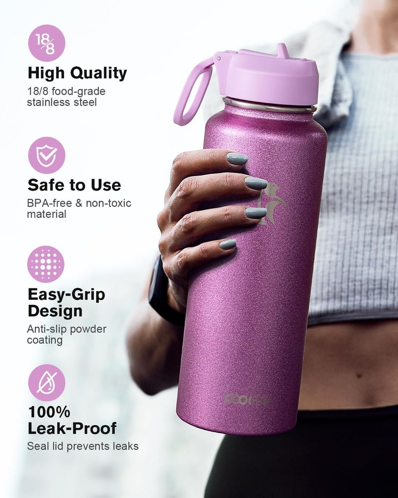 Coolflask Water Bottle 1.2 L Insulated with Straw, Stainless Steel Metal 3 Lids Water Flask for Sports or Office, Keep Cold 48H Hot 24H, Glitter Pink - Image 3