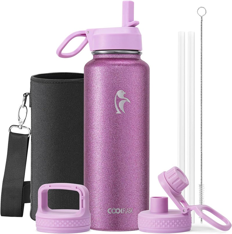 Coolflask Water Bottle 1.2 L Insulated with Straw, Stainless Steel Metal 3 Lids Water Flask for Sports or Office, Keep Cold 48H Hot 24H, Glitter Pink - Image 1