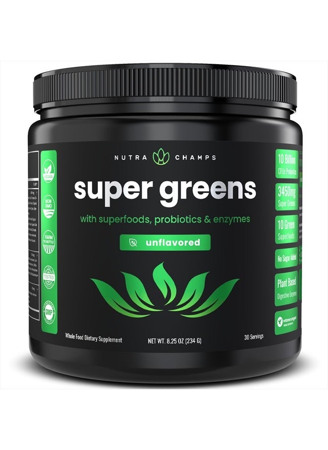 NutraChamps - Super Greens Powder Premium Superfood | 20+ Organic Green Veggie Whole Foods | Wheat Grass, Spirulina, Chlorella | Antioxidant, Digestive Enzyme & Probiotic Blends (9.0 Oz, Unflavoured) - Image 1