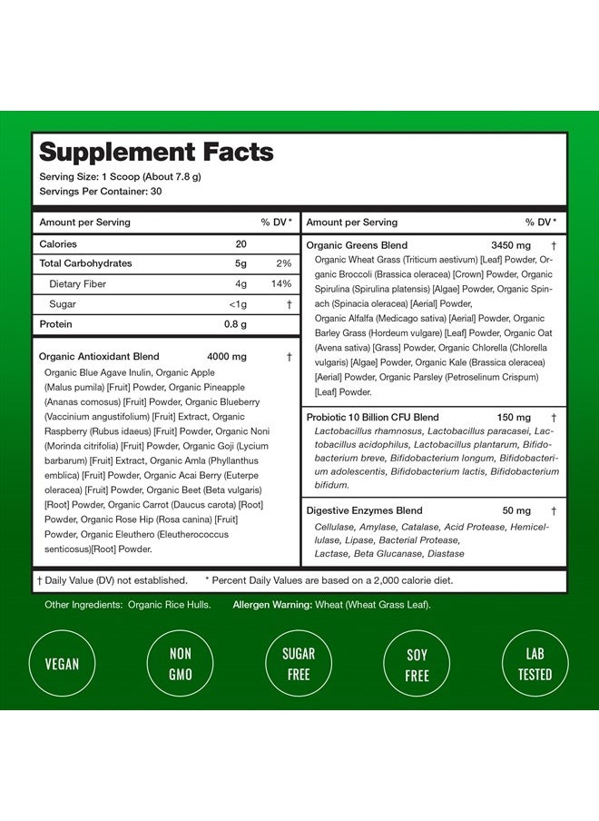 NutraChamps - Super Greens Powder Premium Superfood | 20+ Organic Green Veggie Whole Foods | Wheat Grass, Spirulina, Chlorella | Antioxidant, Digestive Enzyme & Probiotic Blends (9.0 Oz, Unflavoured) - Image 1
