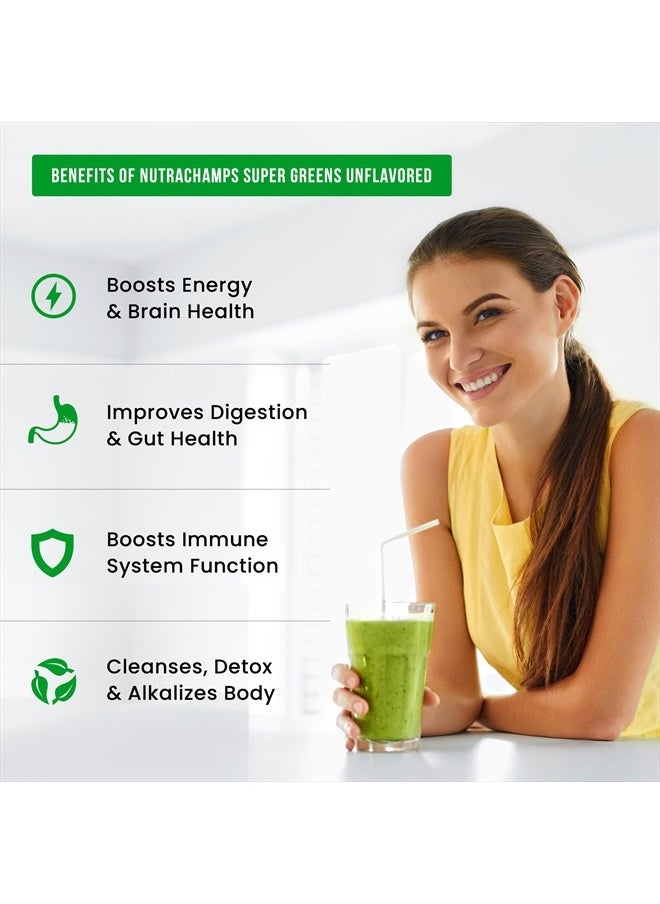 NutraChamps - Super Greens Powder Premium Superfood | 20+ Organic Green Veggie Whole Foods | Wheat Grass, Spirulina, Chlorella | Antioxidant, Digestive Enzyme & Probiotic Blends (9.0 Oz, Unflavoured) - Image 1